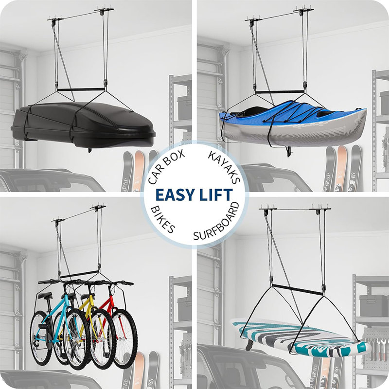 Système de poulie pour coffre de toit de garage, treuil de plafond robuste pour coffres de toit et bacs de rangement, capacité de 90 kg, convient aux plafonds de garage de 3 à 4,25 m