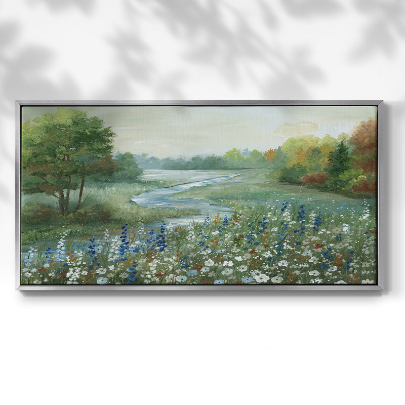 Méandre ruisseau - Toile tendue avec châssis encadré - Prêt à être accroché, Argent argent, H 17 po x l 33 po