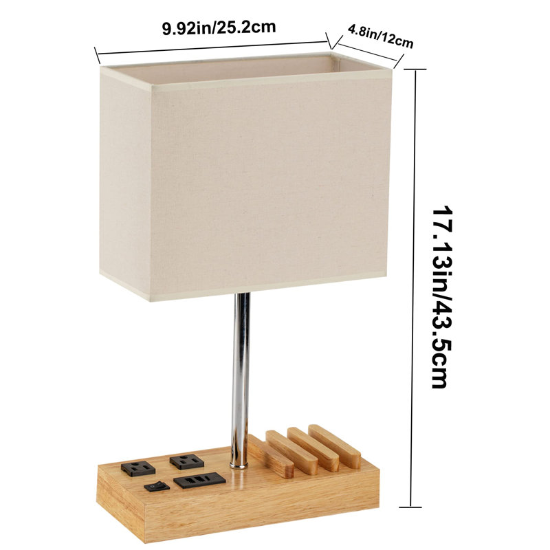 Desk Lamp With 3 USB Charging Ports, Table Lamp With 2AC Outlets And 3 Phone Stands, Nightstand Bedside Lamp With Natural Wooden Base And Cream Linen Shade