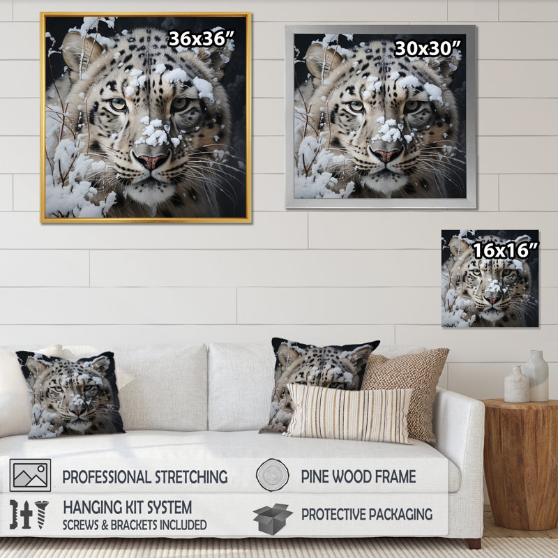 Tigre blanc en hiver IV - impression, Cadre photo noir, H 24 po x l 24 po x P 1 po