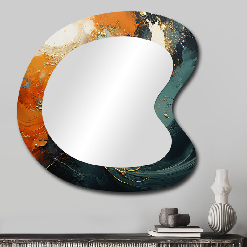 Tempête de marbre fridlet bleu et doré VI - peinture abstraite grand miroir mural de forme irrégulière, miroir décoratif asymétrique orange, impression sur métal