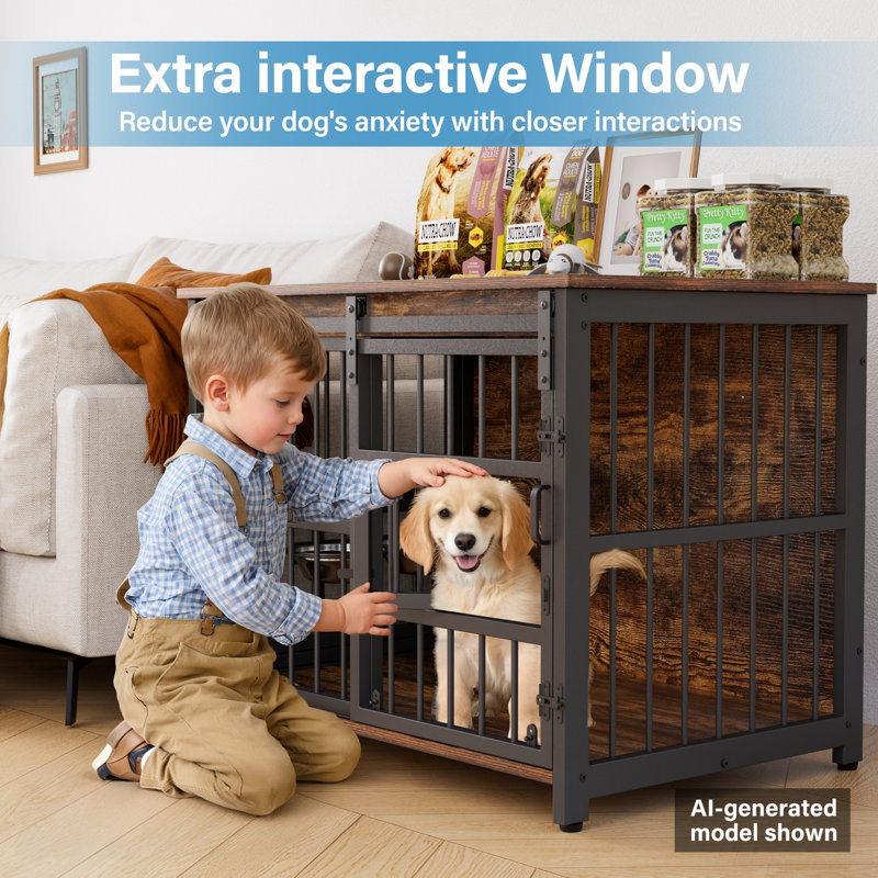 Dog Crate Furniture, Wooden Heavy-Duty Dog Cage with Sliding Barn Door, Escape-Proof and Chew-Proof, Interactive Window for High-Anxiety Dogs, Double-Door, 360° Adjustable Bowls