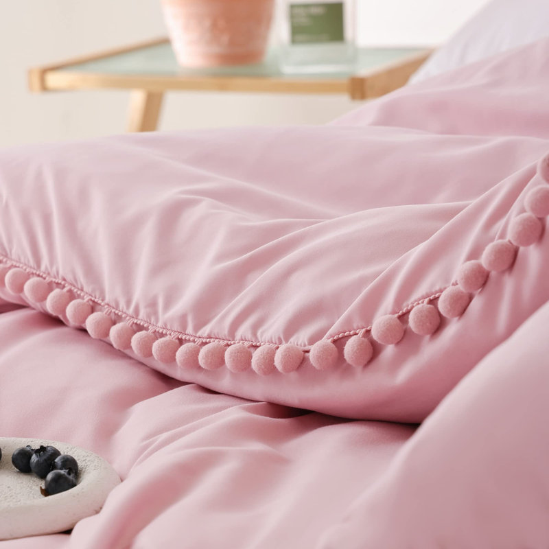 3 Pieces Ball Pom Fringe All Season Comforter Set, Soft OEKO-TEX Microfiber Boho Bedding for Bedroom Decor, Dust Pink