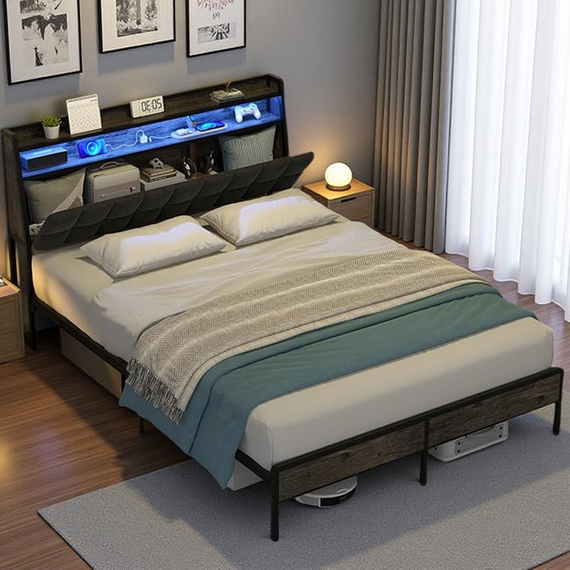 Base de lit plateforme moderne avec lumières DEL RVB et station de charge - tête de lit ergonomique, rangement sous le lit