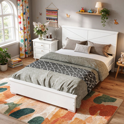 White Bamboo Platform Bed with Geometric Headboard, Modern Farmhouse Bamboo Bed Frame with Footboard Low Profile Design Geometric Panel, Full Size, White