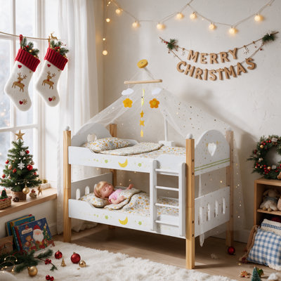 Baby doll crib, wooden detachable dolls bunk bed set, pretend play toy nursery sturdy furniture with tulle, bedding, pillow, ladder and baby mobile, fits multi‑dolls up to 20 inches, for girls ages 3+