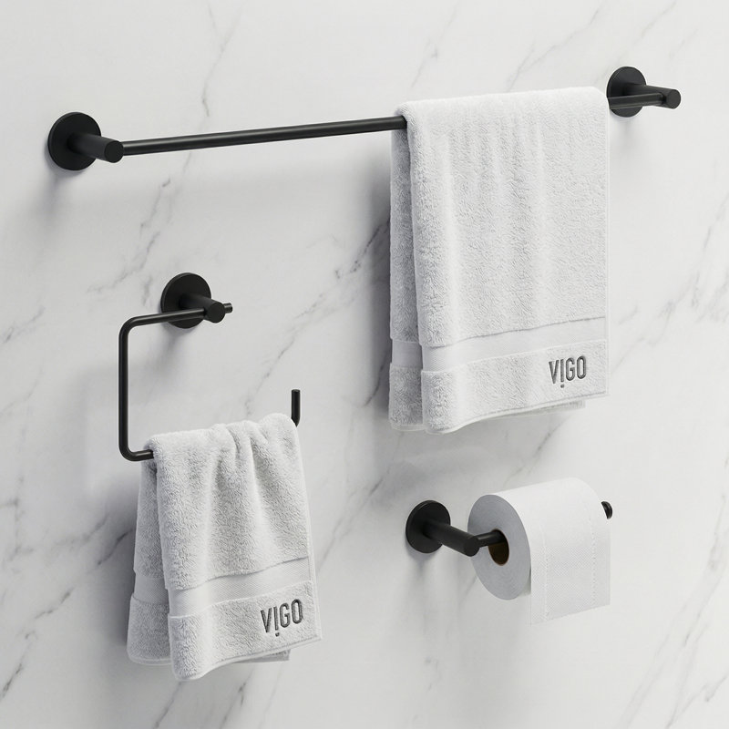 VIGO Cass 3-Piece Matte Black Bathroom Hardware Set with 24-in Towel Bar, Toilet Paper Holder and Hand Towel Holder
