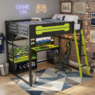 Lit mezzanine en bois pleine grandeur avec bureau, tablettes, lumières DEL, ports USB et panneau perforé Organ Organisateur de panneau perforé personnalisable Lights Lumières DEL et ports de charge USB intégrés Construction Fabrication en bois massif robuste et durable