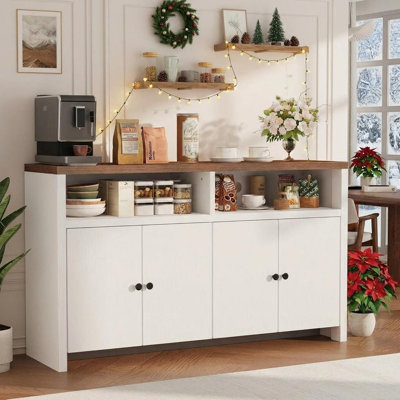 Sideboard Buffet Cabinet with Storage, 55" Modern Coffee Bar Cabinet with Adjustable Shelves & 4 Doors, Wood Buffet Console Table for Kitchen Dining Room Living Room