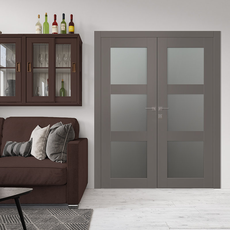 Portes doubles en bois manufacturé Avon 3 Lite, Noir, Droite, L 47,75 po x H 83,23 po