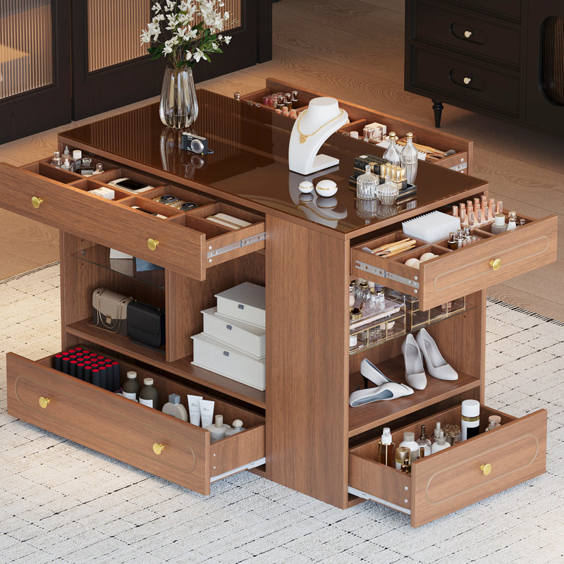 Îlot de rangement à 6 tiroirs, commode à tiroirs avec dessus en verre et tablettes ouvertes, îlot de rangement pour bijoux pour placard avec compartiments, système d'organisation de vestiaire pour vestiaire, chambre à coucher