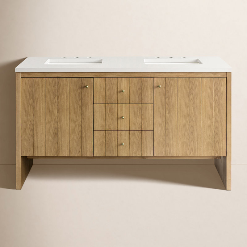 Hudson 60'' Double Bathroom Vanity with Top, White Zeus, Single-Hole, Light Natural Oak