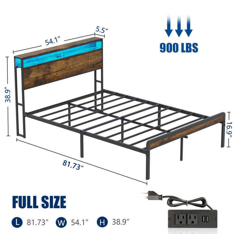 Antique Style Full Bed Frame With 2 Ports, Led Lighting, And Rustic Brown Color - Strong Support, Mattress Sagging, Quick Assembly Size Charging Function, Tone, Headboard, Iron Frame, No Creaking,