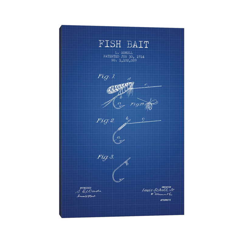 L. Soholl Fish Bait Patent Sketch (Blue Grid) by Aged Pixel - Wrapped Canvas Print, 20.32 cm H x 30.48 cm W x 1.91 cm D