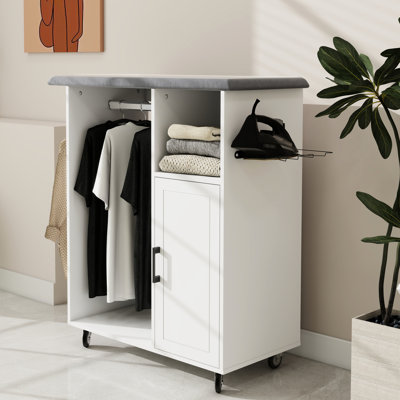 Compact White E1 Ironing Cart With Board, Ideal For Laundry And Kitchen, Space - Saving Adjustable Design Rolling Board On Cart, Multipurpose Cabinet Bedroom, Heat Cover