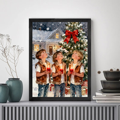 Black Framed Vintage Christmas Eve - Happy children holding candles in front of the Christmas tree Wall Art Retro Style Framed Prints