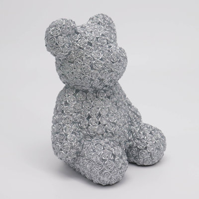Resin Silver Sitting Teddy  Bear  with Rose and covered Gold-Green Iridescent glitter Elegant Decorative Accent for Contemporary and Stylish Home Décor