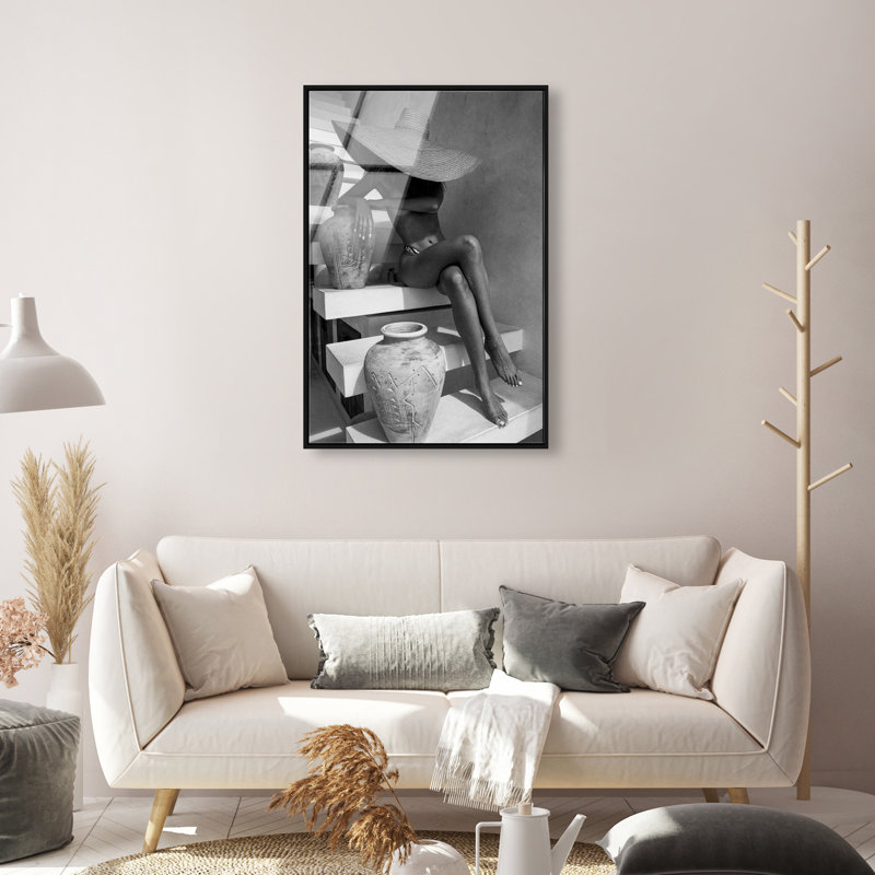 Andrea I Gray Canvas Fashion Print by Oliver Gal, 37"H x 25"W, Black Frame
