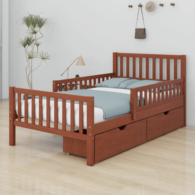 Cadre de lit pour enfants avec clôtures et 2 tiroirs, lit plateforme en bois avec garde-corps des deux côtés pour garçons et filles