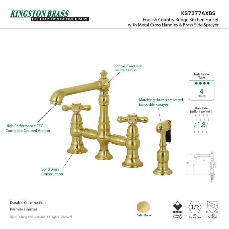 Kingston Brass English Country Two-Handle 4-Hole Deck Mount Bridge Kitchen Faucet with Brass Side Sprayer, Satin Brass