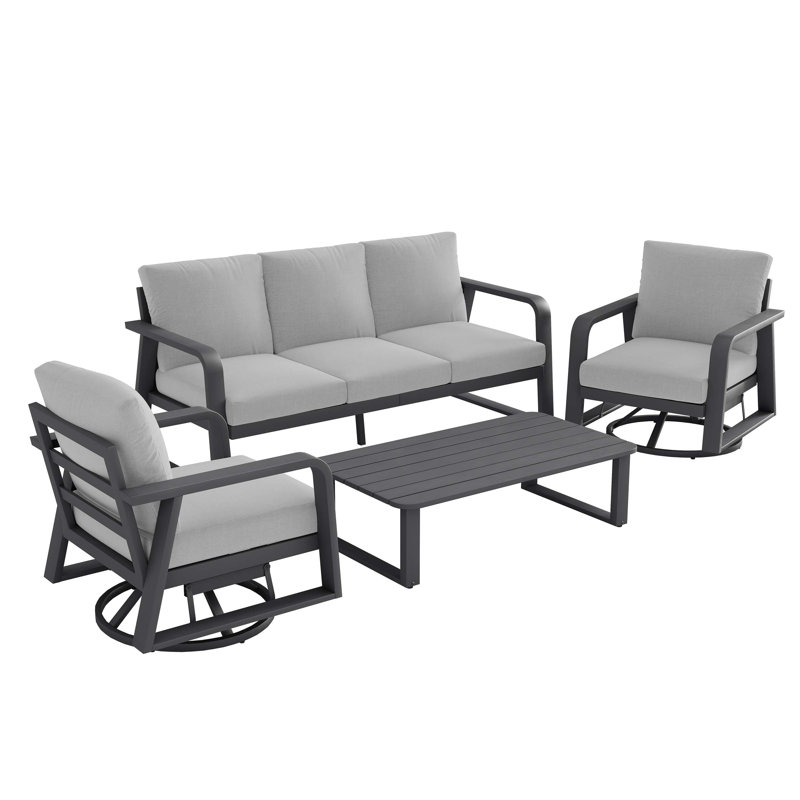 Ensemble de canapé de patio moderne en aluminium avec chaises berçantes pivotantes et table basse pour la détente en plein air et les rassemblements.