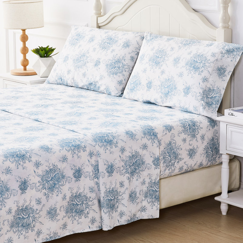Petit Toile Printed Cotton Percale Sheet Set, Blue, King Sheet Set with 2 King Pillowcases