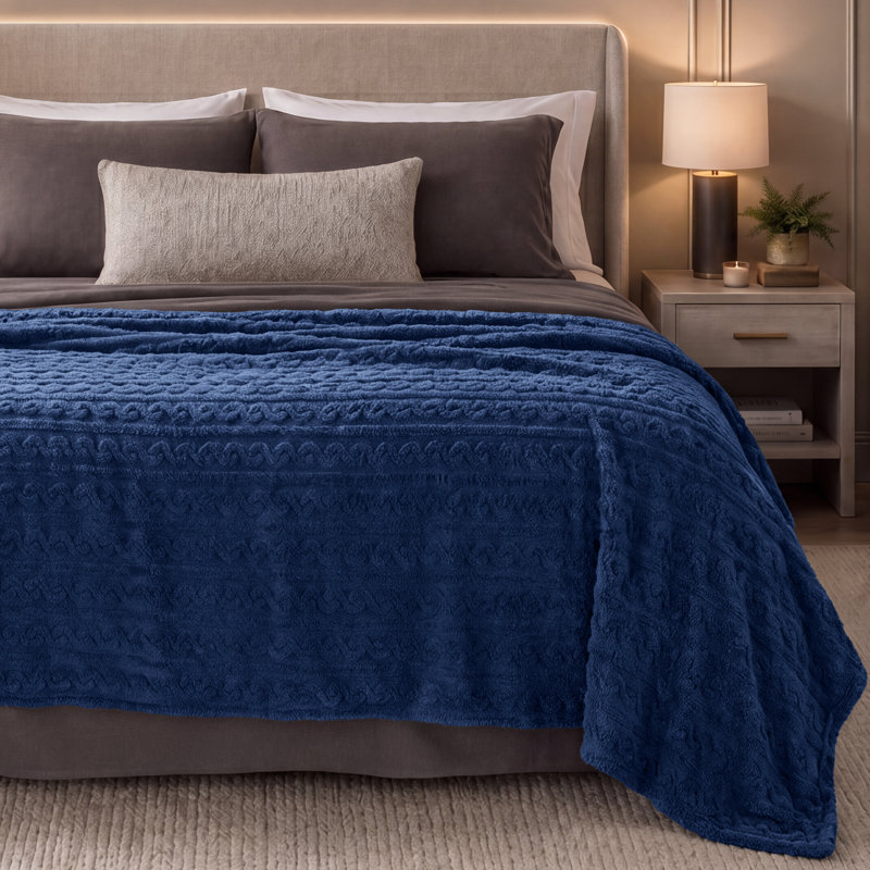 Couverture Cozy Faux Shearling, Très grand lit, Câble bleu foncé
