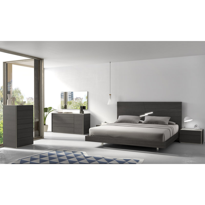 Lit plateforme en bois massif Mcginty, Grand, Brun / gris / transparent