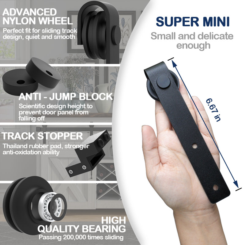 Black Carbon Steel Mini Sliding Barn Door Hardware Kit, 4ft
