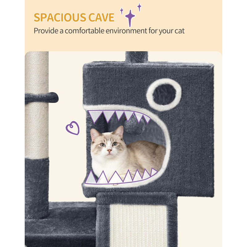 98cm Cat Tree, Cat Tower for Indoor Cats, Multi-Level Cats House Furniture with Scratching Post, 2 Caves, Large Platform, Scratching Ramp, Pompom