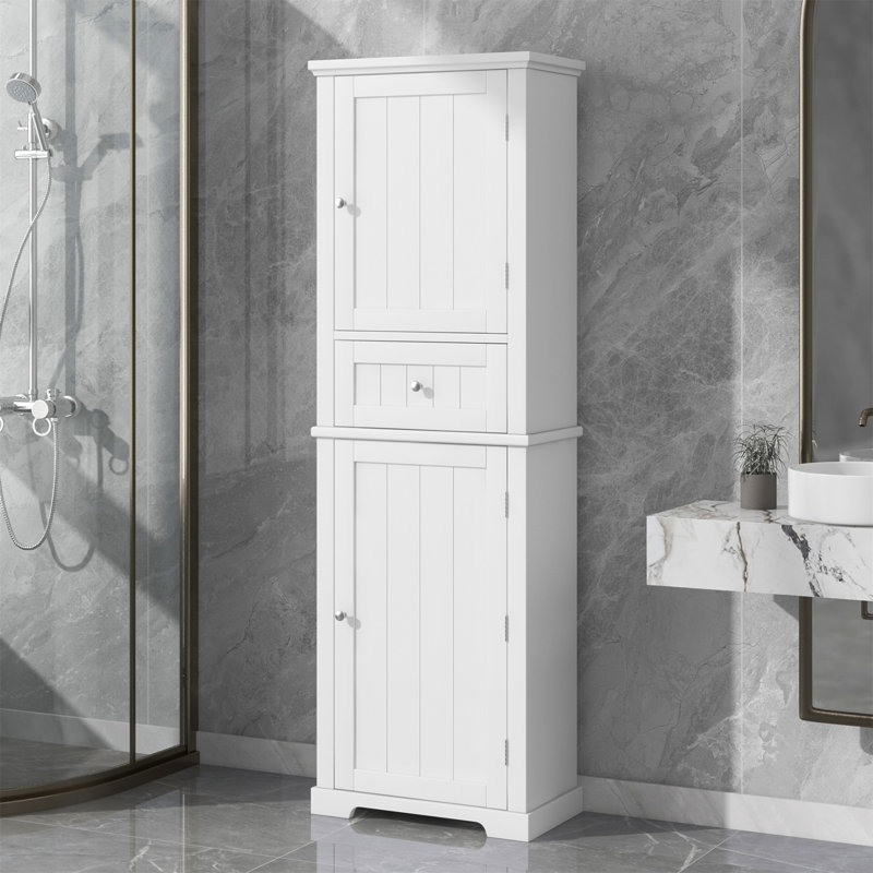 Grande armoire de rangement pour salle de bain avec tiroir et tablette réglable, panneau de fibres à densité moyenne durable avec finition peinte pour un entretien facile