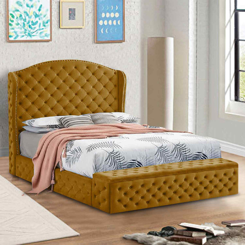 Upholstered Velvet Bed, Double (4'6), Mustard