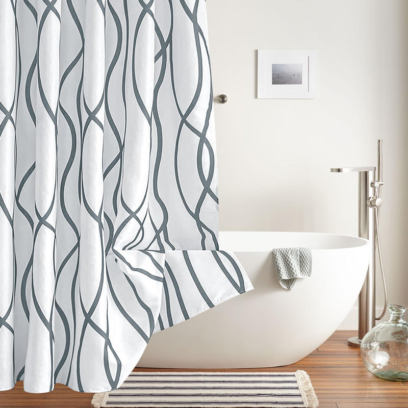 Très long rideau de douche en tissu texturé - conception moderne en lin rayé, qualité hôtelière luxueuse, lavable à la machine, convient aux baignoires et douches standard