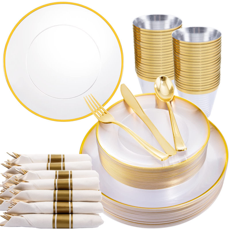 Les assiettes en plastique doré 140 pièces WELLIFE, les assiettes jetables transparentes avec garniture dorée, la vaisselle dorée comprennent: 20 assiettes à dîner et à dessert, 20 tasses, 20 couverts avec serviettes de table pré-roulées