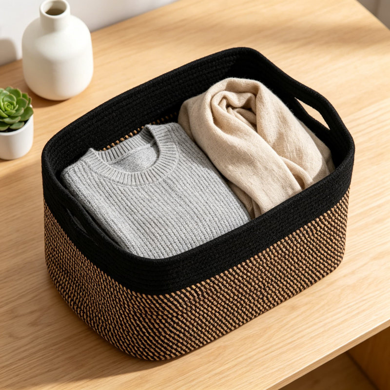 Woven Cotton Rope Storage Basket, Foldable Organizer Bin For Home, Nursery, And Office, Multi-Purpose Decorative Storage Solution With Handles