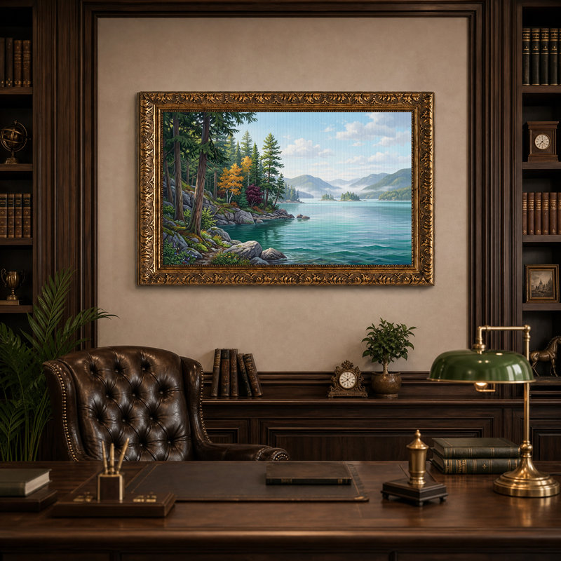 Tableau sur toile représentant une forêt et un lac bleu avec des montagnes brumeuses, H 16 po x l 24 po