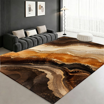 Tapis à motif de marbre abstrait, tourbillons or, brun et noir, tapis texturé artistique, antidérapant et moelleux, idéal pour le salon, la chambre à coucher, la salle à manger, le couloir ou un appartement.