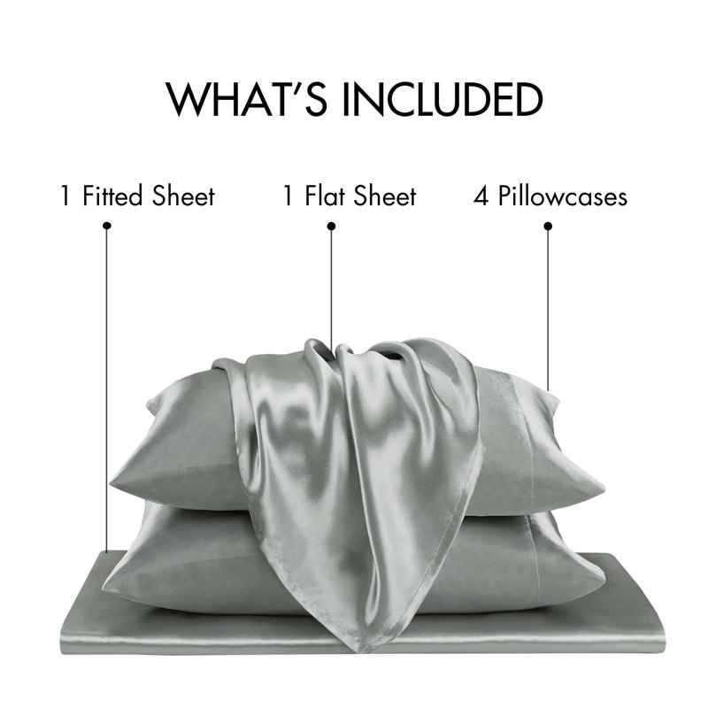 Satin Wrinkle Resistant Luxury Sheet Set, Queen Sheet Set + 4 Standard Pillowcases, Grey