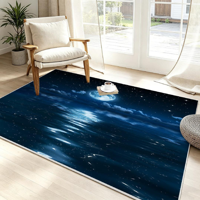 Tapis bleu lavable à la machine Super Moon, Rectangle 39" x 63"