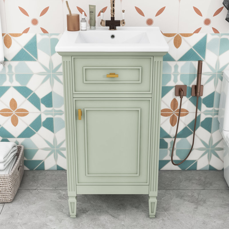 Meuble-lavabo de salle de bain avec lavabo, tiroir inclinable, tablette réglable et boutons en alliage de zinc, Vert/blanc