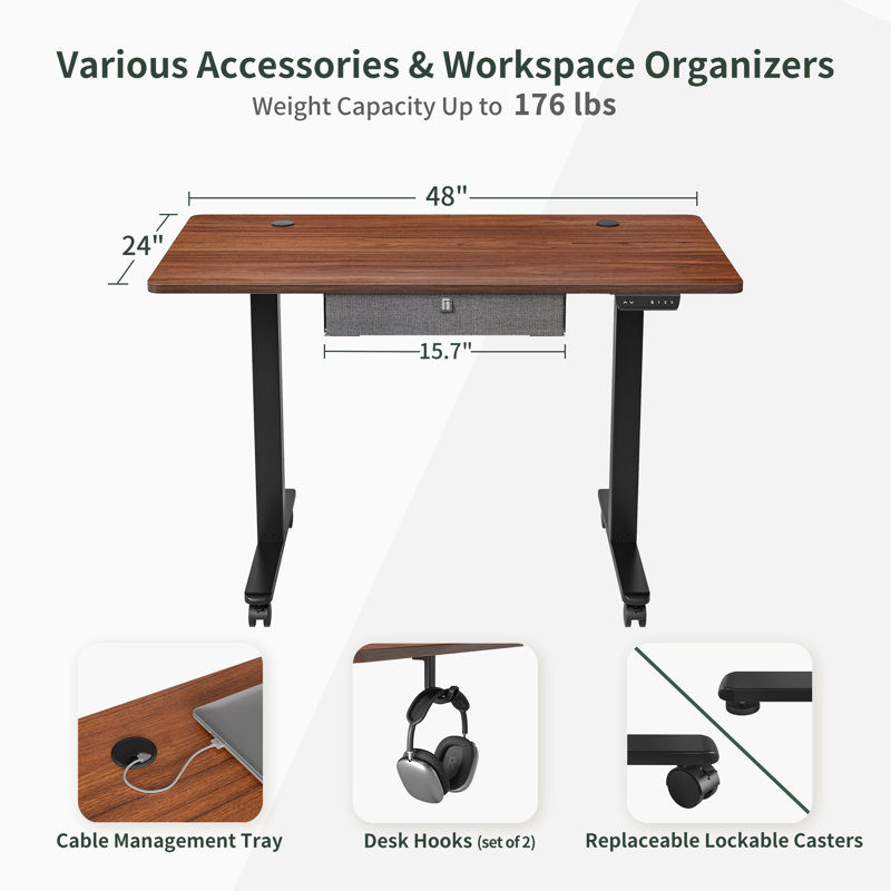 Height Adjustable Rectangle Standing Desk, 46" H x 48" W x 24" D, Espresso/Black