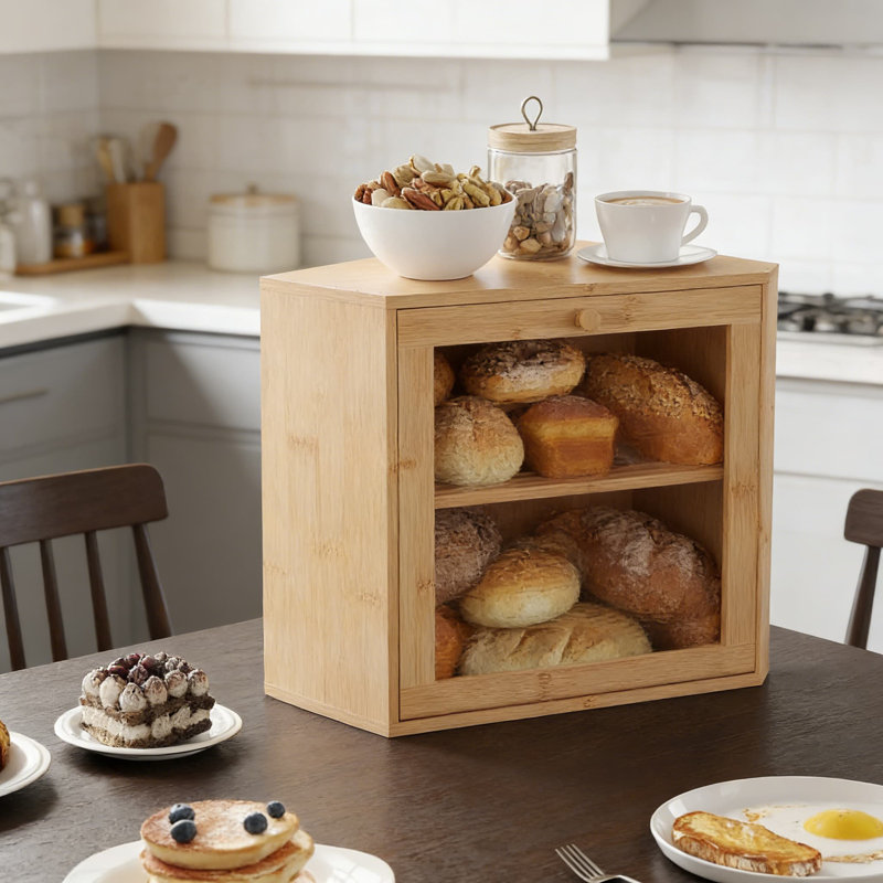Boîte à pain de coin pour comptoir de cuisine avec tablette réglable et porte en acrylique ondulée, contenant à pain en bois de bambou pour économiser de l'espace