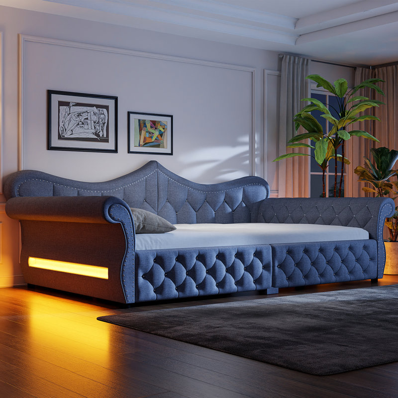 Queen Size Upholstered Daybed with LED Lights and Nailhead Trim – Sofa Bed for Living Room, Gray, Gray