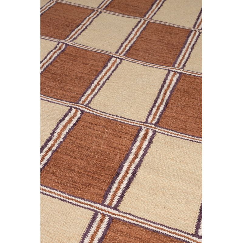 Tapis rectangulaire brun / beige en coton tissé à plat à la main, Rectangle 5 pi 3 po x 7 pi 7 po