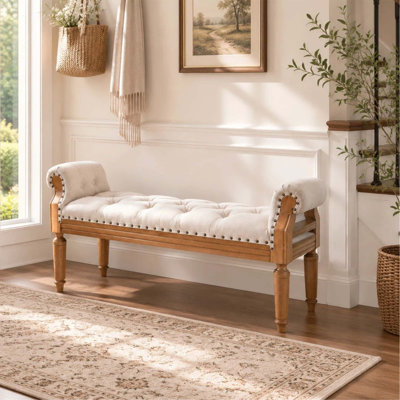 Banc rembourré en bois massif de style Mid-Century avec accoudoirs roulés, repose-pieds capitonné classique et garniture cloutée pour la chambre à coucher, le vestibule et le placard
