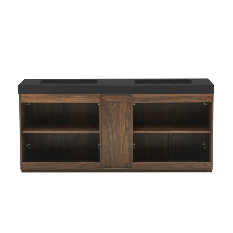 Meuble-lavabo de salle de bain avec lavabo, grand meuble-lavabo autoportant avec rangement pour salle de bain moderne, lavabo à une pièce en quartz noir sans drain ni robinet