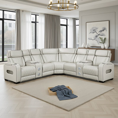 Savion 118" Modern & Contemporary 3-Piece Power Faux Leather Sectional Sofa with Dual Power Reclining & Headrest Control, Integrated Console & Wireless Speakers
