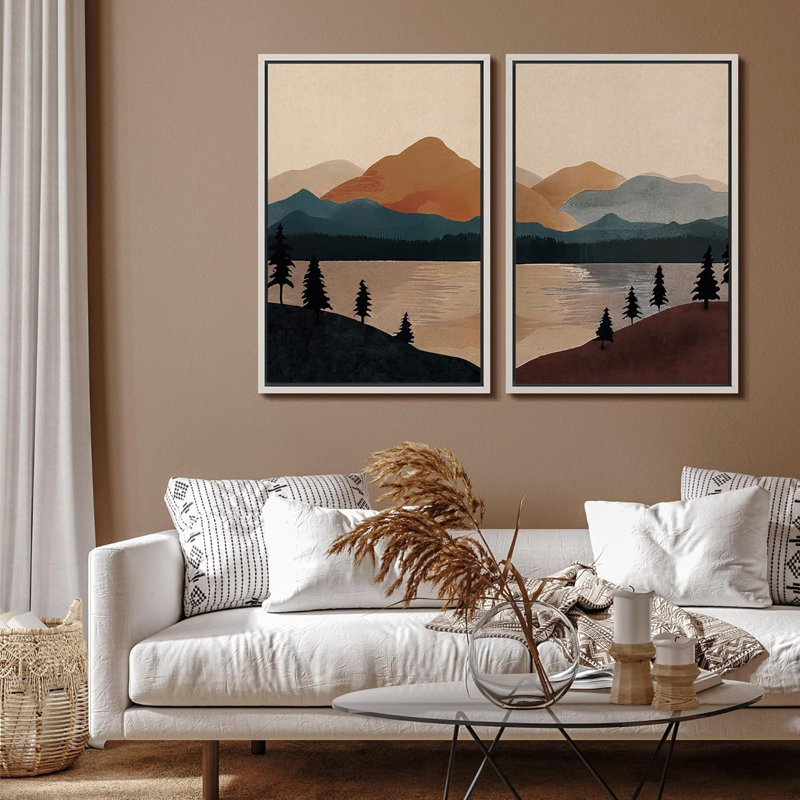 «Mid-Century Modern Brown Mountain Lake Landscape Decor», art mural, impression sur toile, 2 pièces, H 24 po x l 36 po