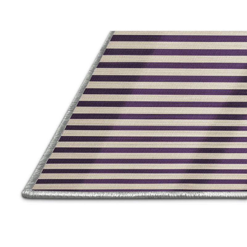 Tapis beige à rayures horizontales lavable à la machine, Rond 5 pi