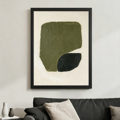 Abstrait moderne Grande forme vert olive avec une forme noire plus petite, style de peinture à l'huile texturée. Toile encadrée 24 "x 36" avec cadre en bois noir